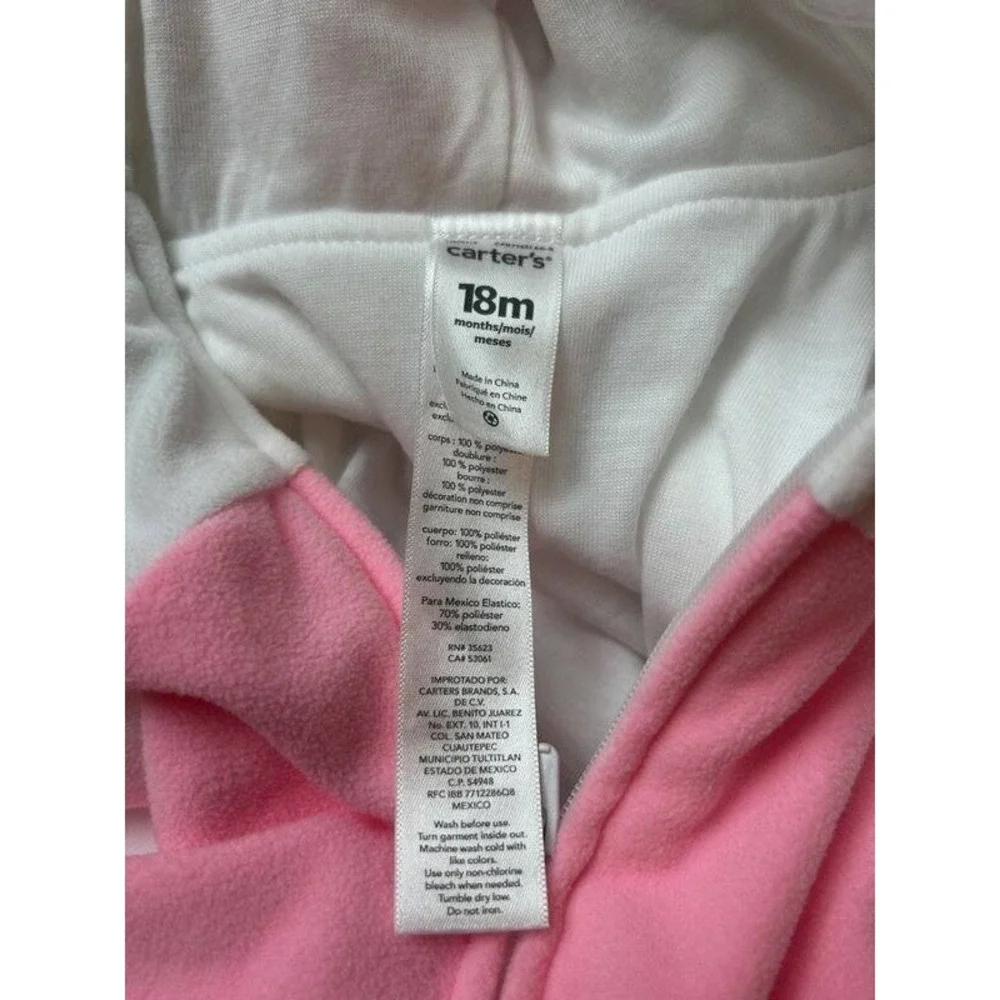 Carters Plush Girls Unicorn Costume Hood Pink White Zip Front Tail Size 18 M